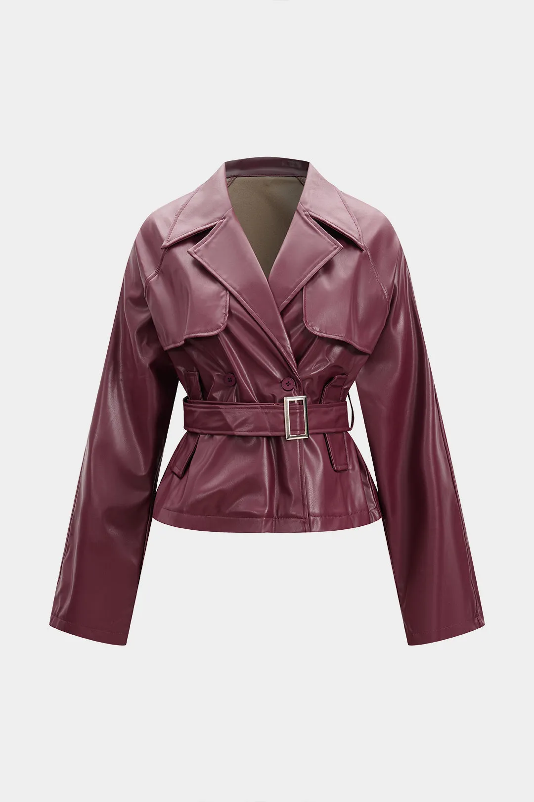 Solid Faux Leather Belted Long Sleeve Coat sold by Micas