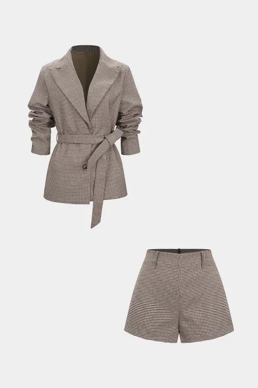 Plaid Print Notched Lapel Belted Jacket And Shorts Set sold by Micas