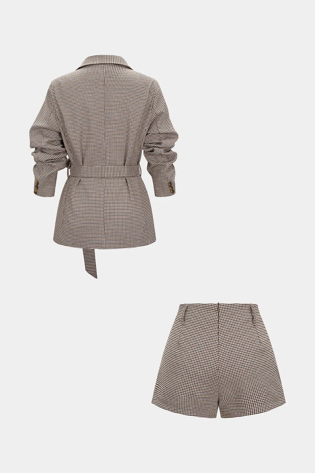 Plaid Print Notched Lapel Belted Jacket And Shorts Set sold by Micas product image thumbnail 2