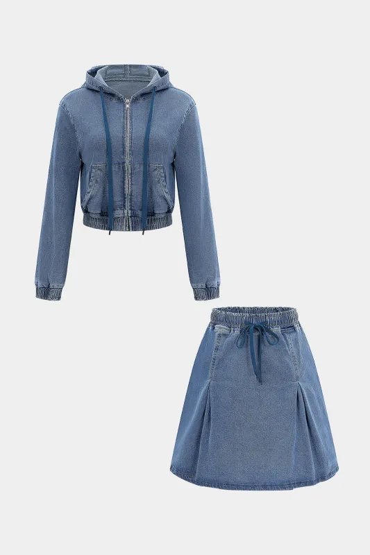 Denim Shirred Drawstring Long-Sleeve Top And Ruched High Waist Mini Skirt Set sold by Micas