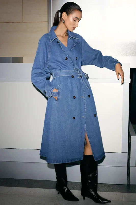Denim Double-Breasted Belted Mid-Long Outerwear sold by Micas
