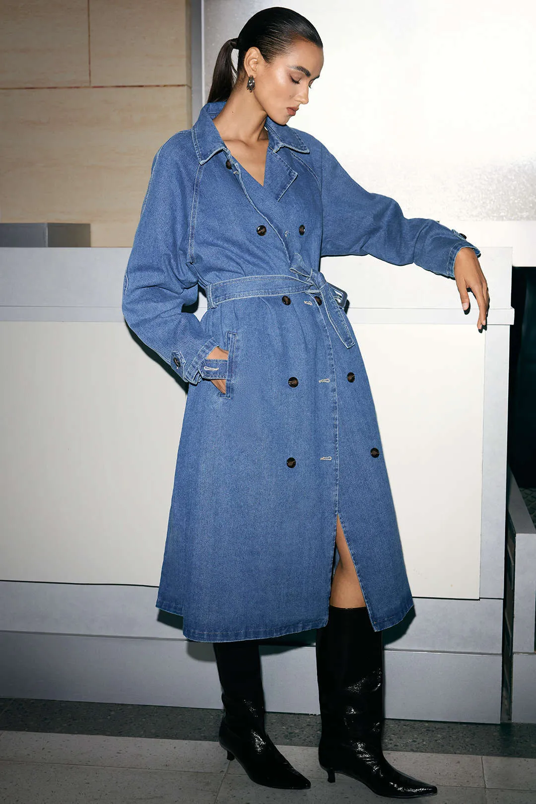 Denim Double-Breasted Belted Mid-Long Outerwear sold by Micas