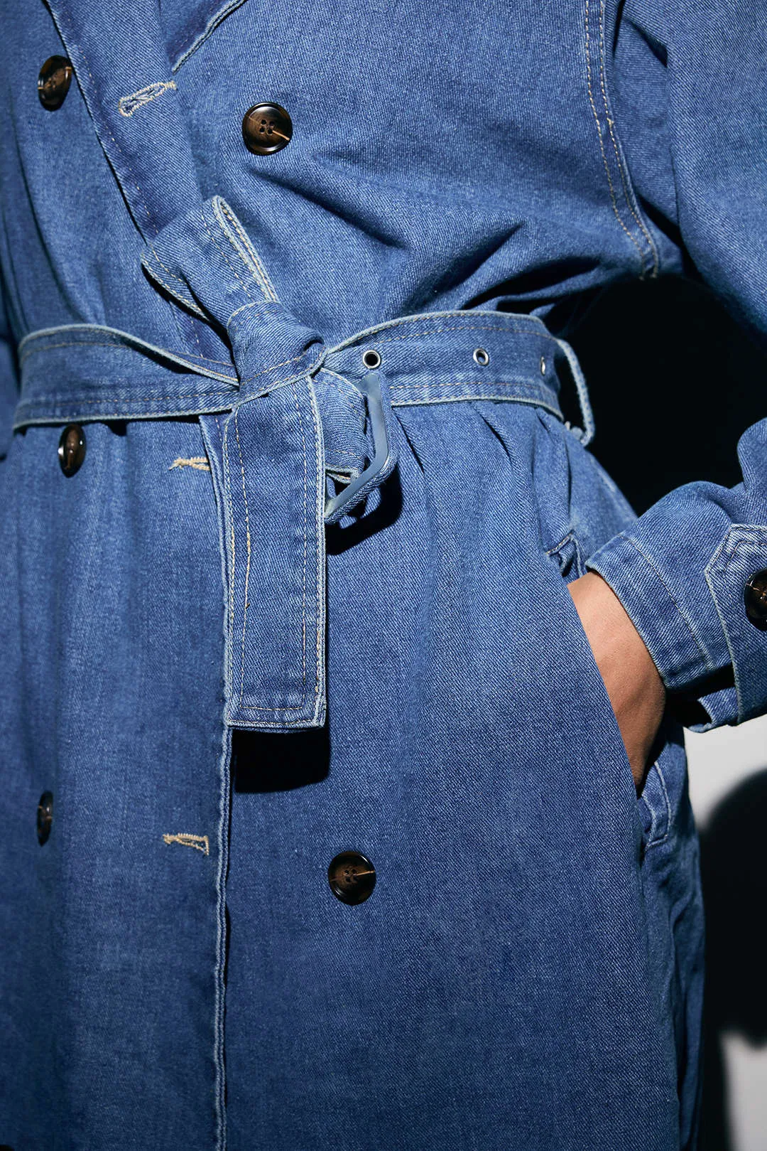 Denim Double-Breasted Belted Mid-Long Outerwear sold by Micas product image thumbnail 5