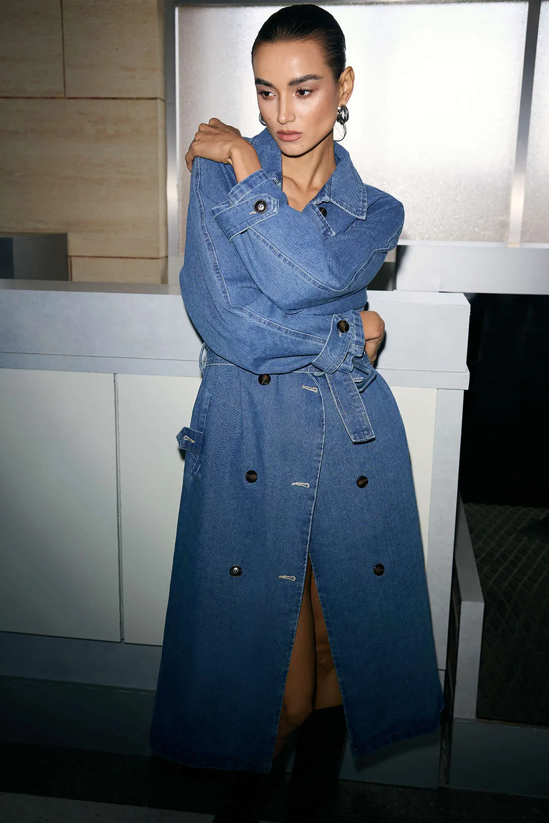 Denim Double-Breasted Belted Mid-Long Outerwear sold by Micas product image thumbnail 2