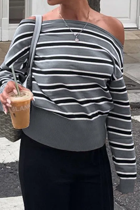 Knit Stripes Contrast Print One Shoulder Long-Sleeve Top sold by Micas