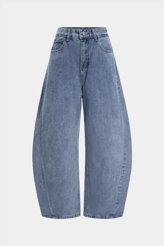 Denim Pocket Zipper Barrel Jeans made by Micas