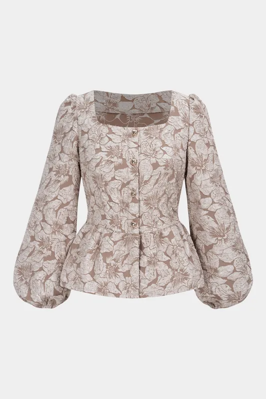 Jacquard Square Neck Puff Long-Sleeve Shirt sold by Micas