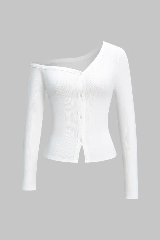 Asymmetrical Button Long-Sleeve Top sold by Micas