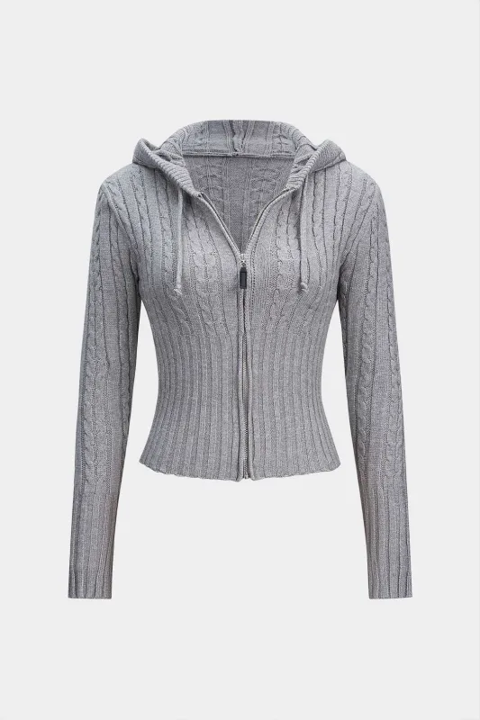 Cable Knit Zipper Hooded Cardigan sold by Micas