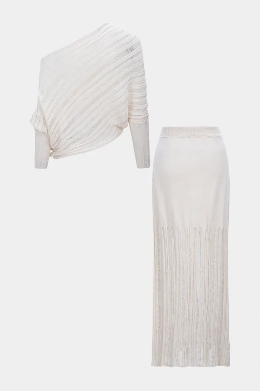 Knit Ripped Detail One Shoulder Long-Sleeve Top And Skirt Set sold by Micas
