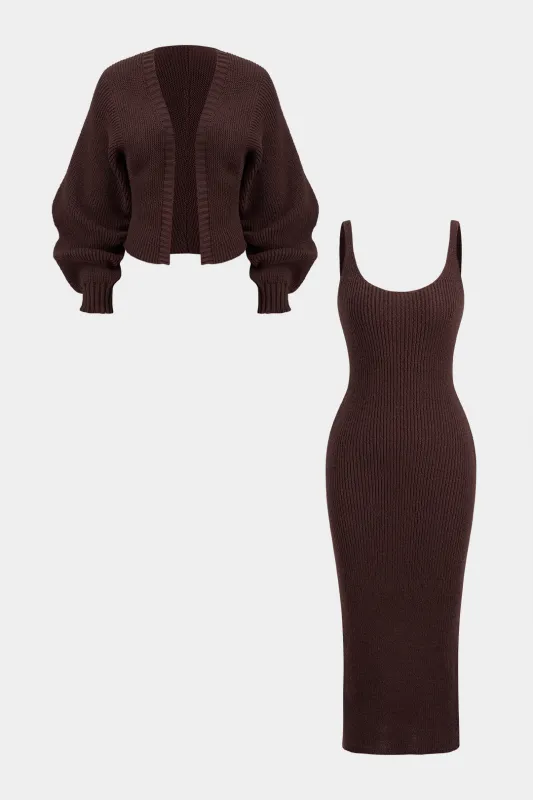 Knit Solid Cardigan And Ribbed Sleeveless Dress Set sold by Micas