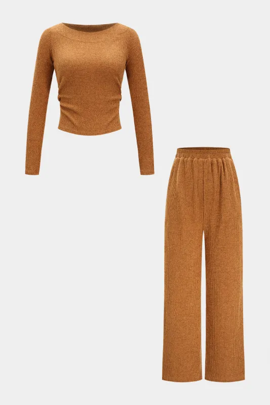 Boat Neck Long Sleeve Top And Elastic Waist Wide Leg Pants Set sold by Micas