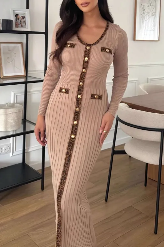 Knit Contrast Leopard Print Long Sleeve Dress sold by Micas