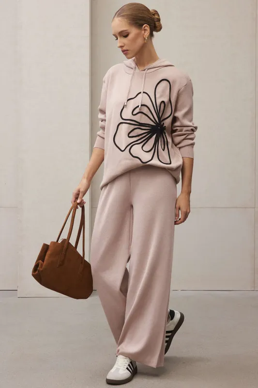 Knit 3D Flower Shaped Drawstring Long-Sleeve Top And Wide Leg Pants Set sold by Micas