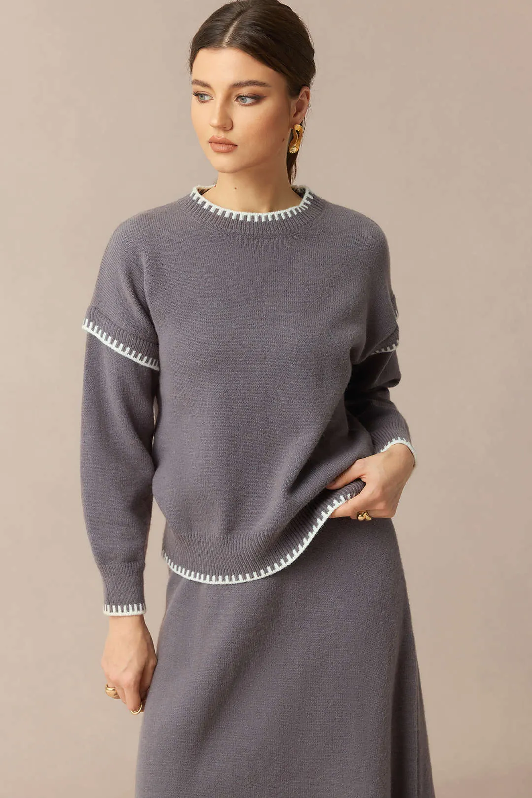 Knit Contrast Binding Round Neck Long-Sleeve Top And Skirt Set sold by Micas product image thumbnail 3