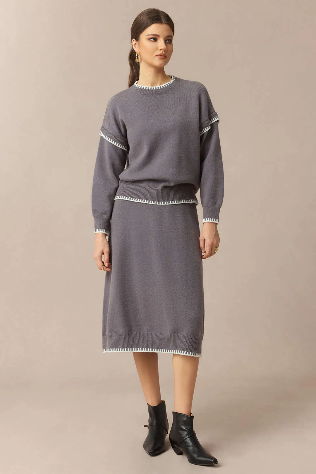 Knit Contrast Binding Round Neck Long-Sleeve Top And Skirt Set sold by Micas