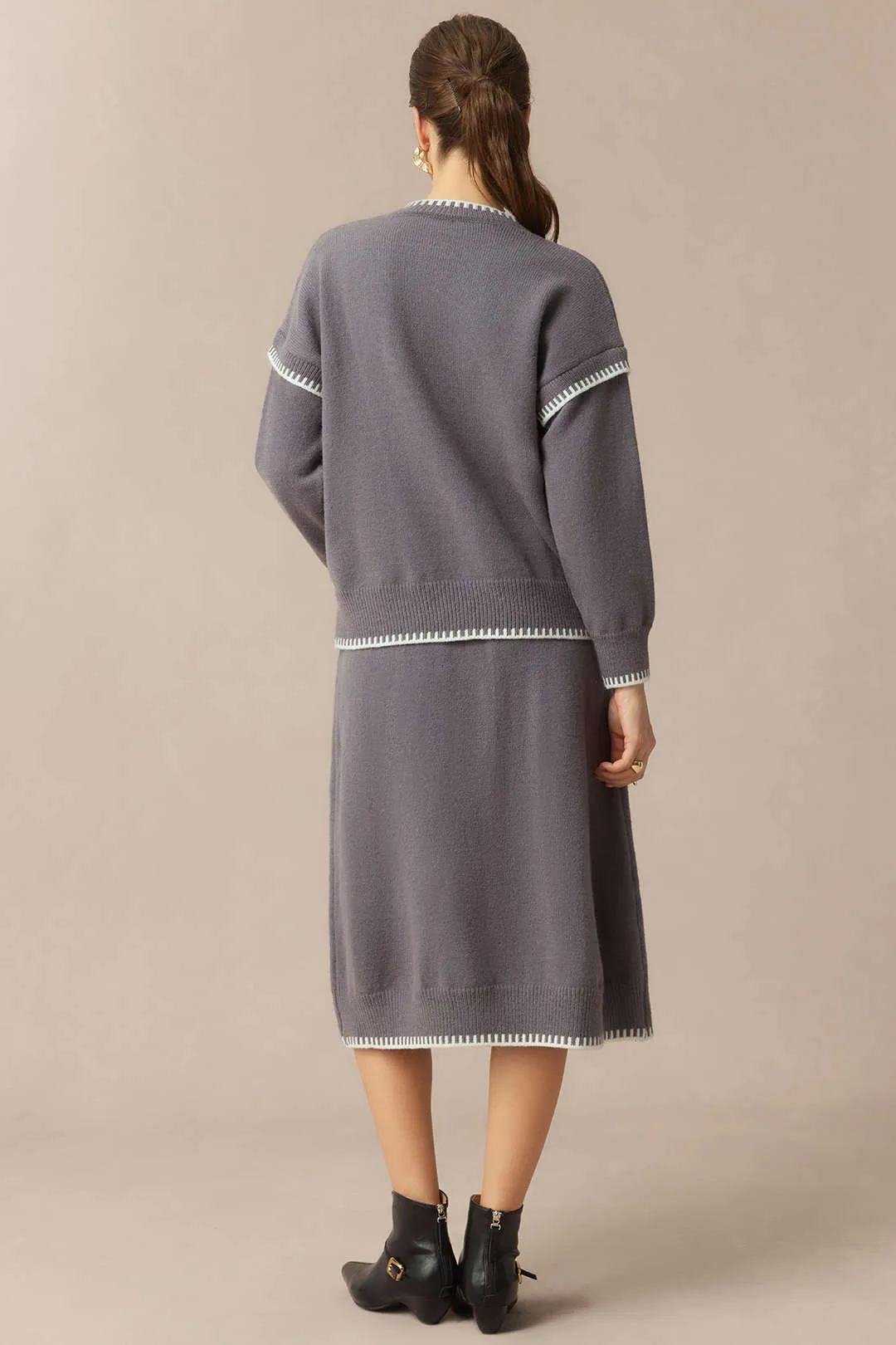 Knit Contrast Binding Round Neck Long-Sleeve Top And Skirt Set sold by Micas product image thumbnail 2