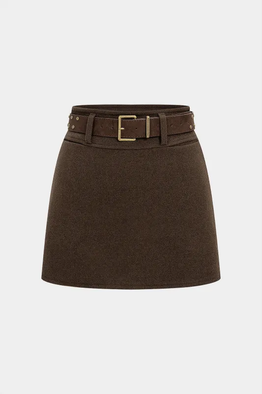 Woolen High Waist Belted Mini Skirt sold by Micas