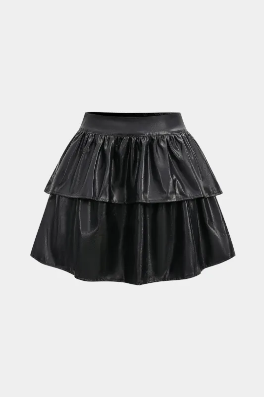 Faux Leather Ruched Layered High Waist Mini Skirt sold by Micas