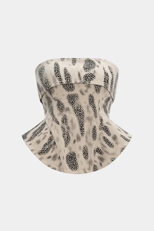 Leopard Print Denim Zipper Strapless Tube Top sold by Micas
