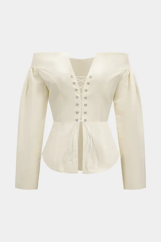 Tie-Up Off-Shoulder Satin Long-Sleeve Shirt sold by Micas