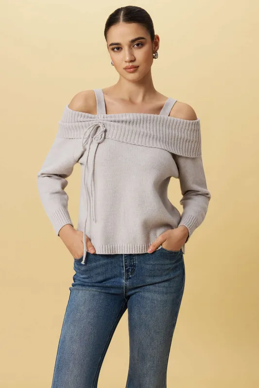 Knit Off-Shoulder Bow Long-Sleeve Top sold by Micas