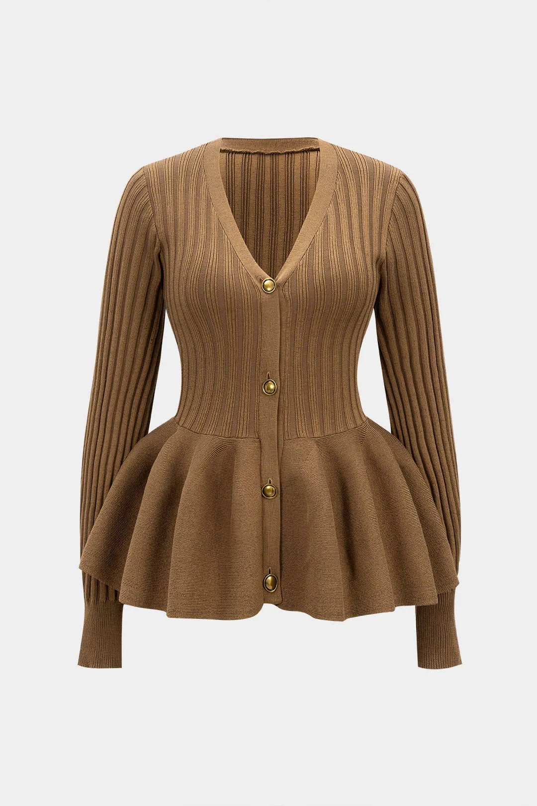 Knit V-Neck Puff Hem Ribbed Long-Sleeve Top sold by Micas