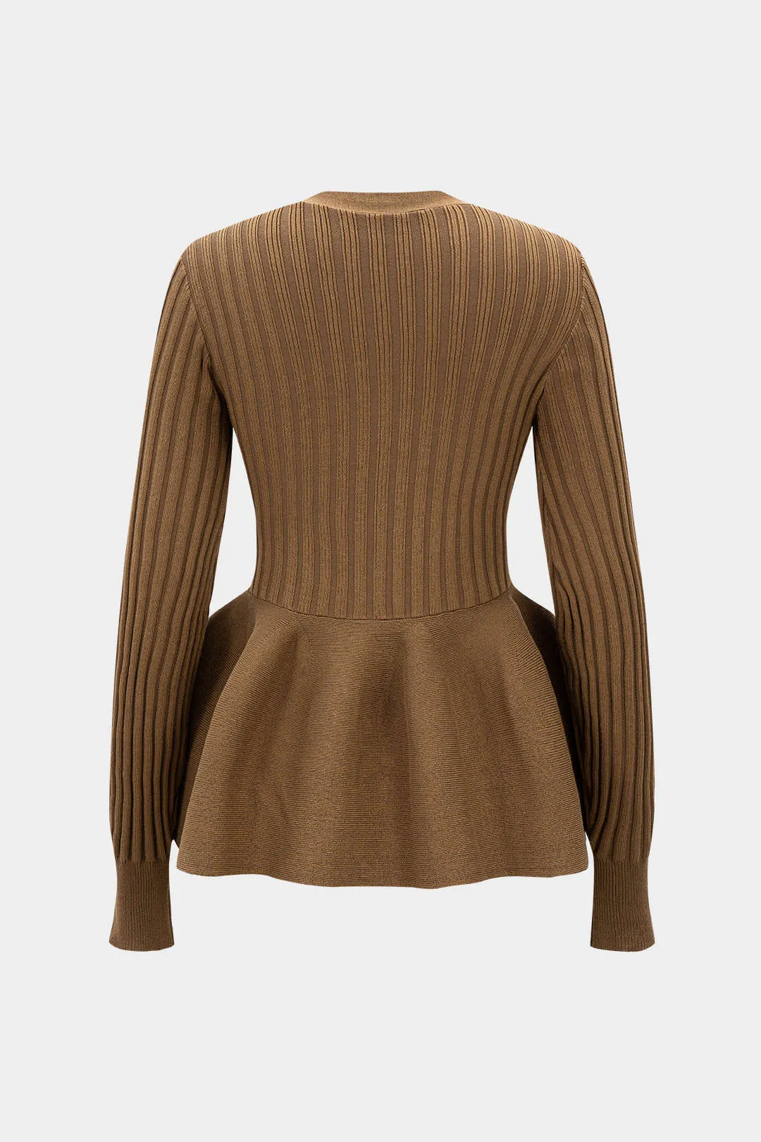Knit V-Neck Puff Hem Ribbed Long-Sleeve Top sold by Micas product image thumbnail 2