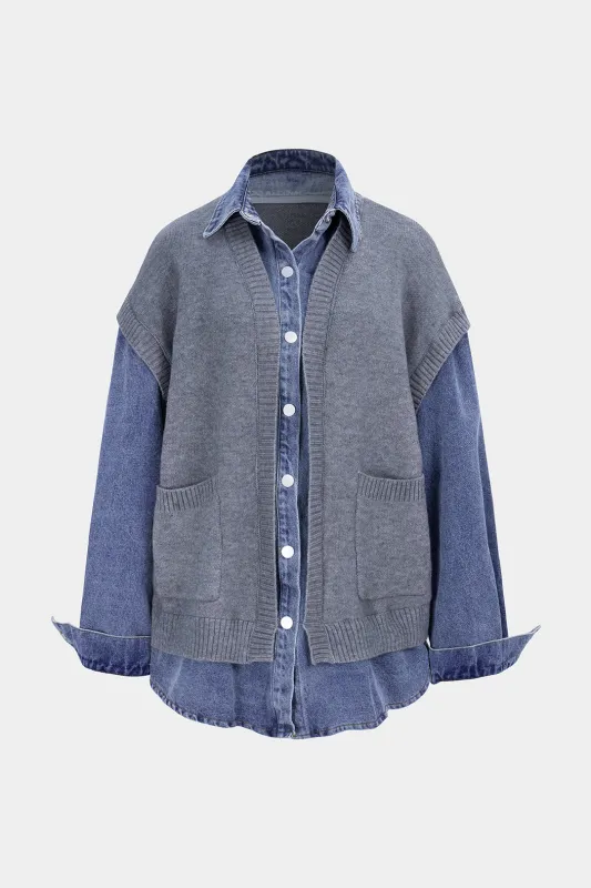 Denim Patchwork Knit Pocket Outerwear sold by Micas
