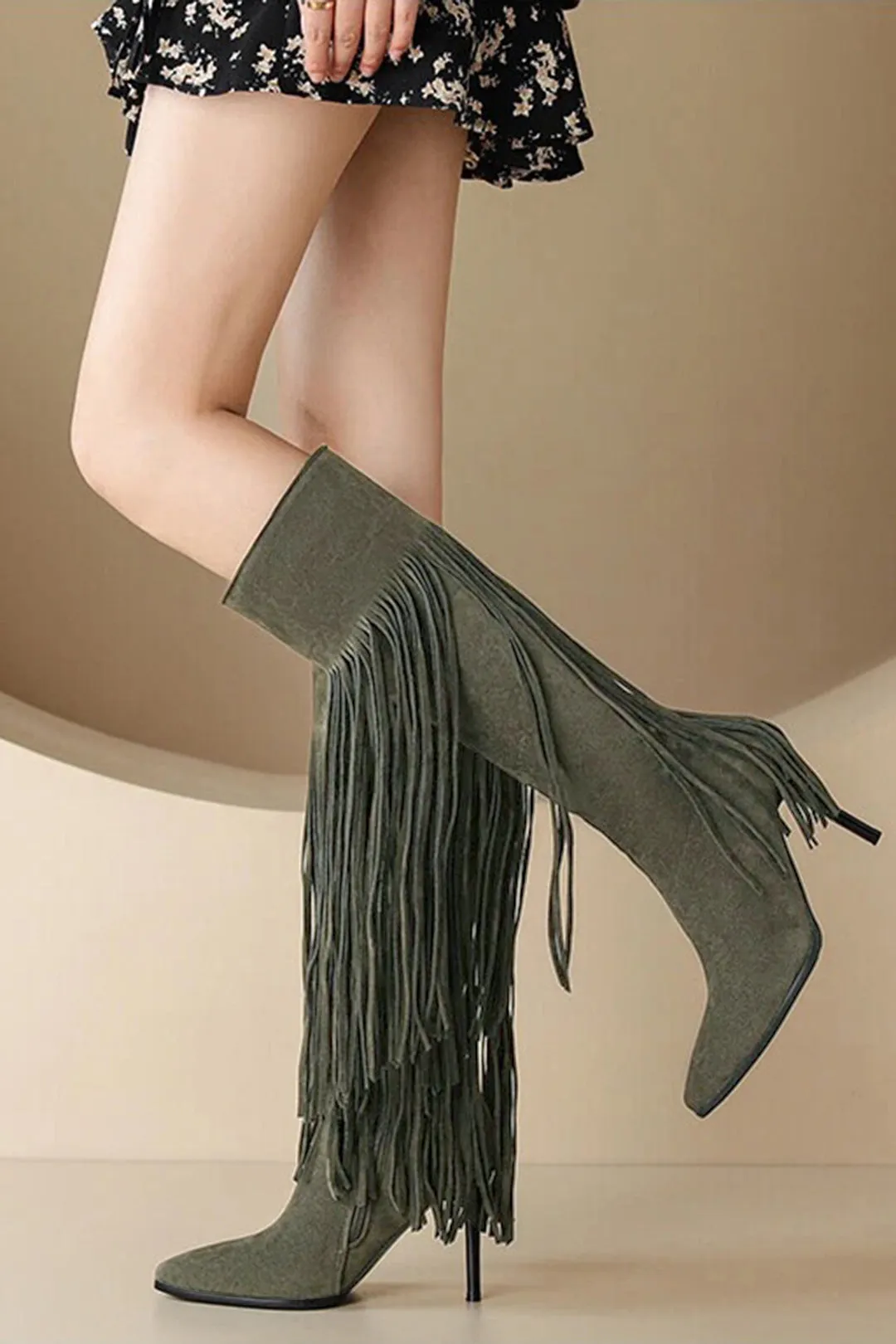 Faux Suede Fringe Pointed Mid Calf Boots sold by Micas
