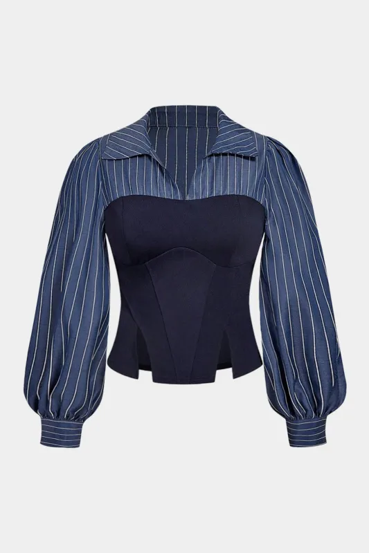 Plus Size Stripes Print Corset Long-Sleeve Shirt sold by Micas