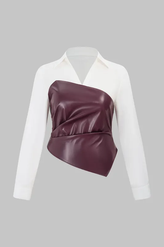 Plus Size Faux Leather Patchwork Long-Sleeve Shirt sold by Micas