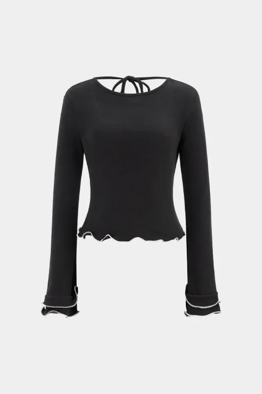 Contrast Scallop Edge Tie-Up Long-Sleeve Top sold by Micas