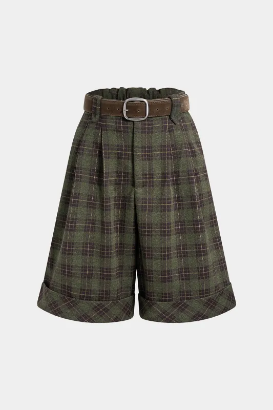 Plaid Print Belted Cuffed Shorts sold by Micas