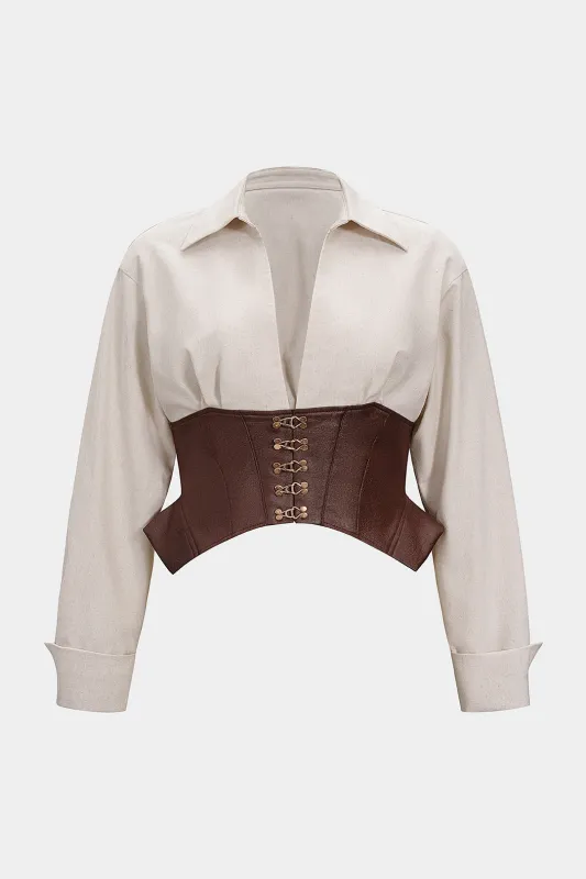 Plus Size Faux Leather Patchwork Linen Metallic Long-Sleeve Shirt sold by Micas