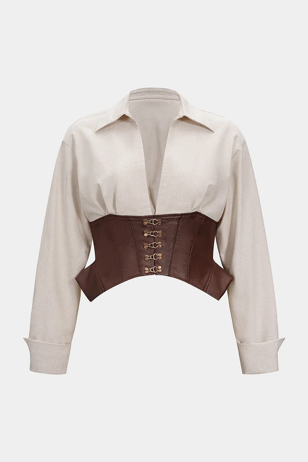 Plus Size Faux Leather Patchwork Linen Metallic Long-Sleeve Shirt sold by Micas