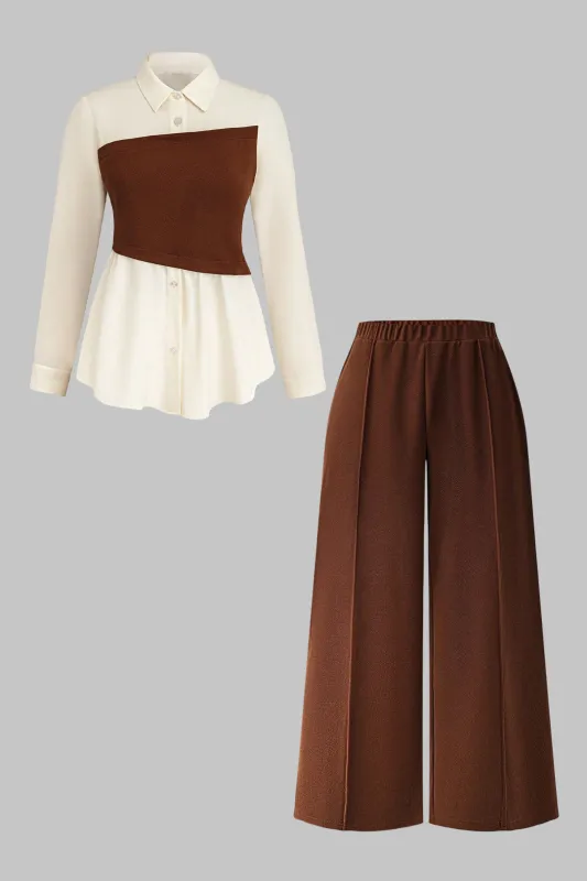 Plus Size Contrast Long Sleeve Shirt And Wide Leg Pants Set sold by Micas