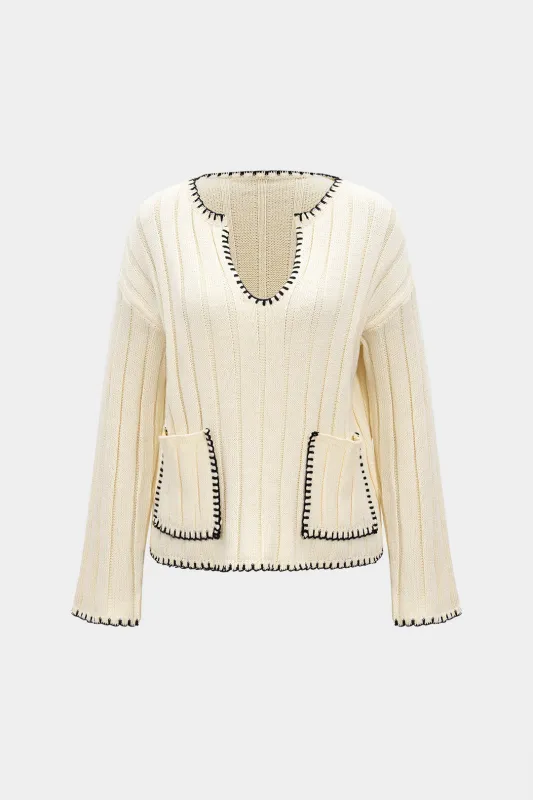 Knit V-Neck Contrast Binding Pocket Long-Sleeve Top sold by Micas