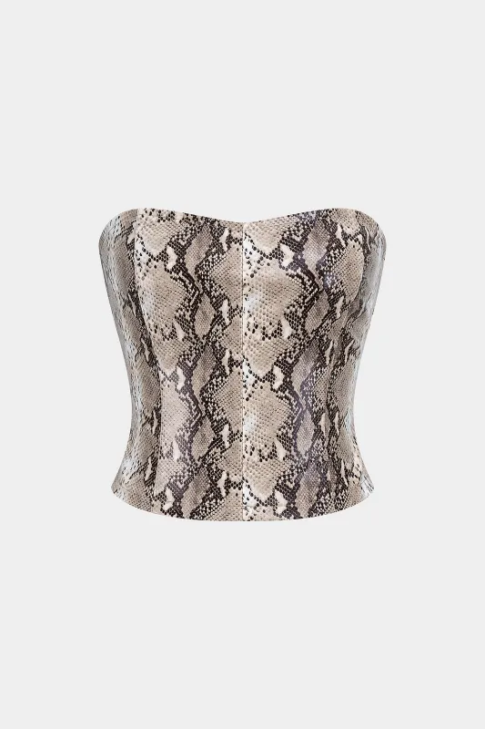 Snake Skin Print Faux Leather Zipper Strapless Tube Top sold by Micas