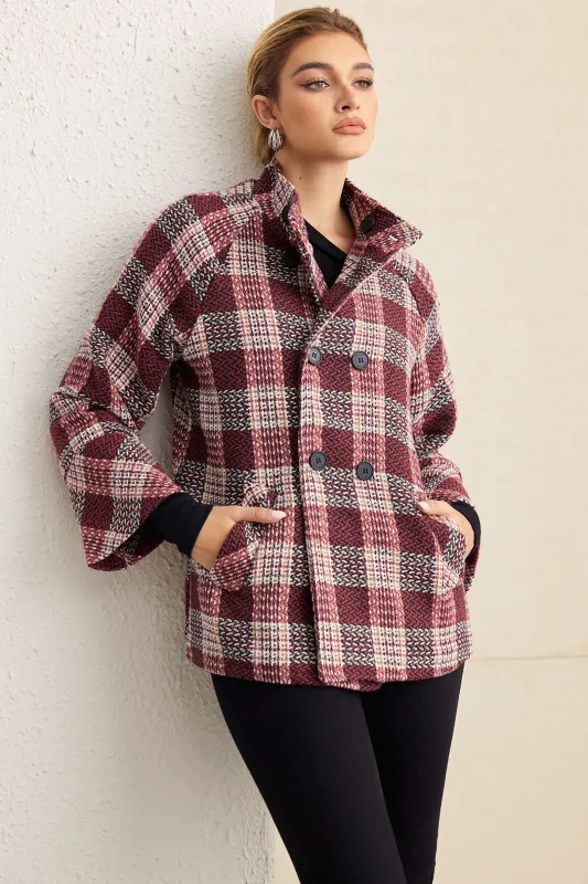 Plaid Print Woolen Button Coat sold by Micas
