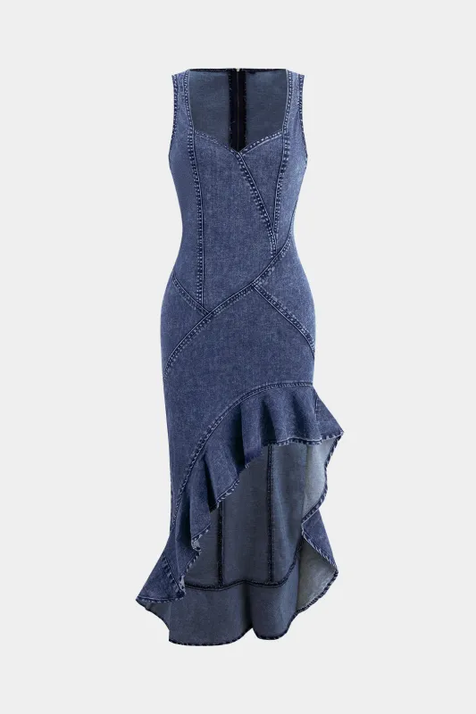 Denim Ruffle Hem Asymmetrical Sleeveless Dress sold by Micas