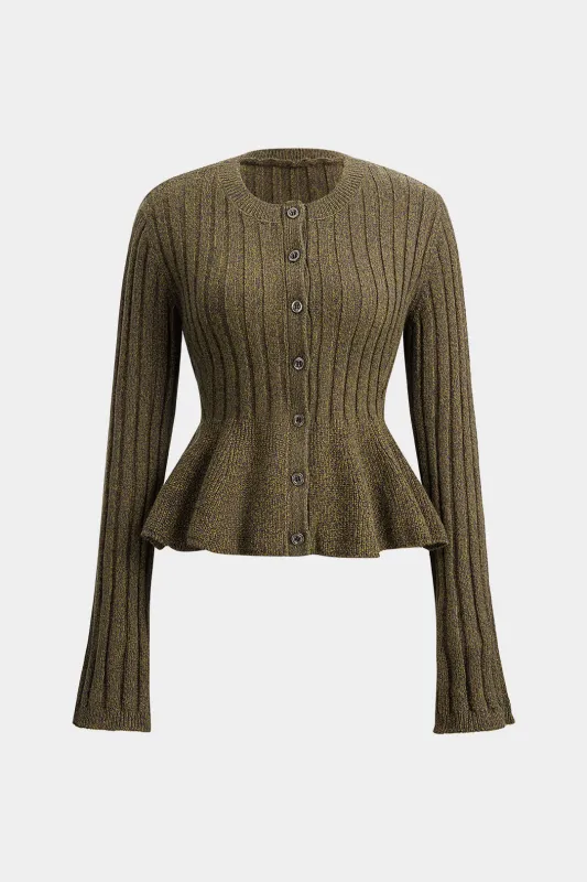 Ribbed Puff Hem Button Long-Sleeve Top sold by Micas