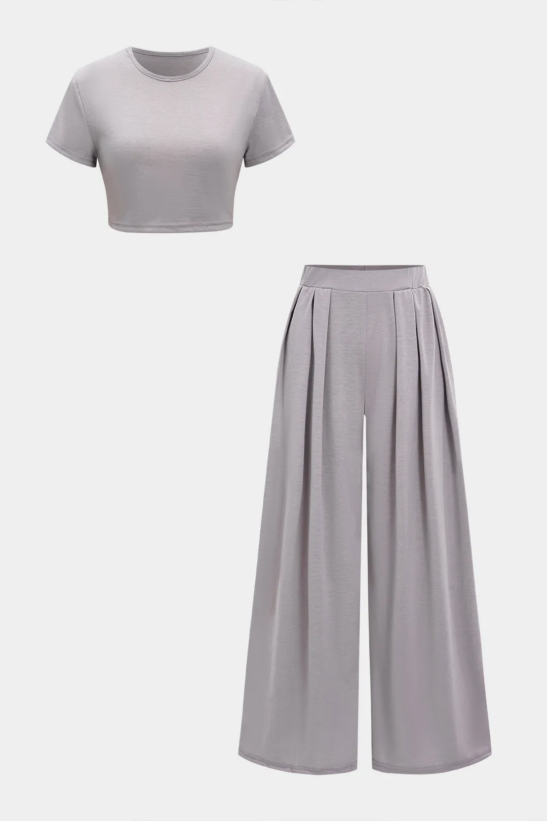 Solid Round Neck Cropped Top And Wide Leg Pants Set sold by Micas