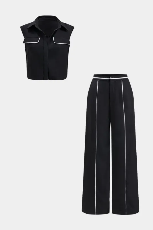 Contrast Binding Pocket Tank Top And Wide Leg Pants Set sold by Micas