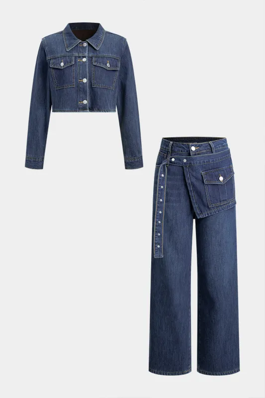 Denim Button Long-Sleeve Top And High Waist Asymmetrical Jeans Set sold by Micas