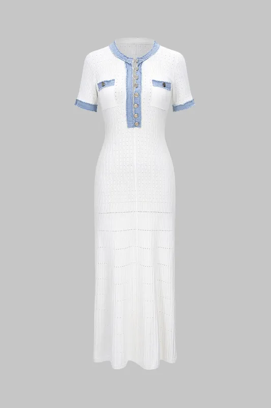 Knit Patchwork Frayed Button Short Sleeve Dress made by Micas