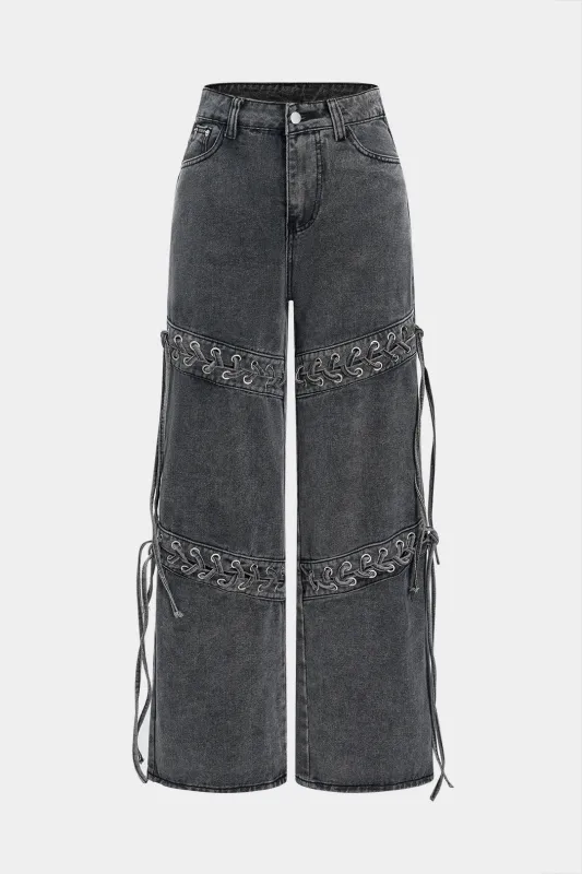 Denim Washed Lace-Up Wide Leg Jeans sold by Micas