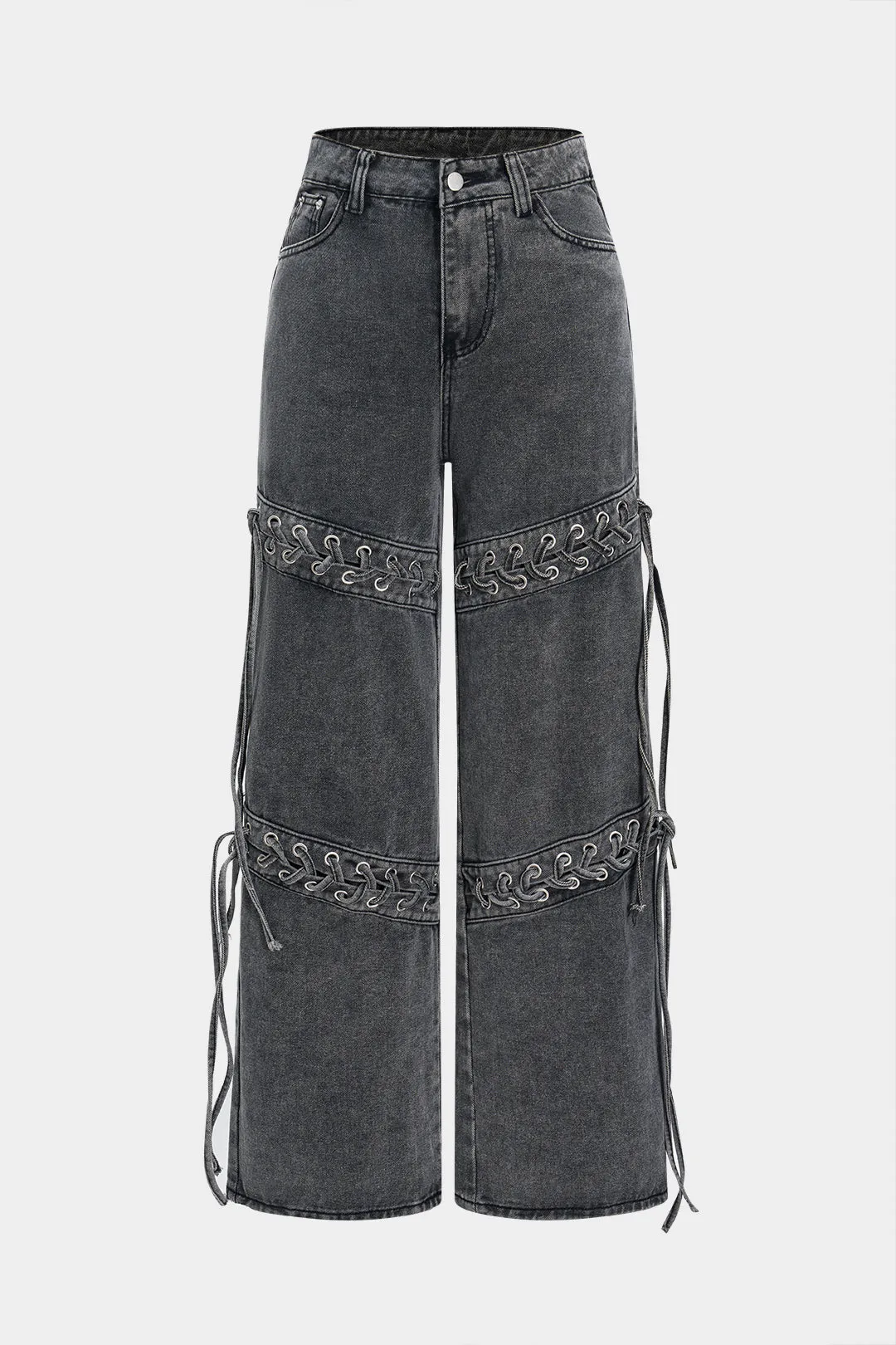 Denim Washed Lace-Up Wide Leg Jeans sold by Micas