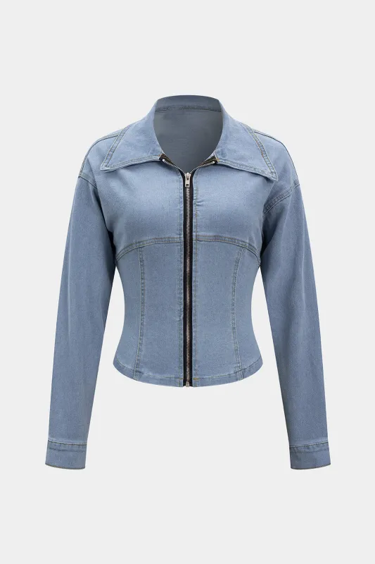 Denim Lapel Zipper Outerwear sold by Micas