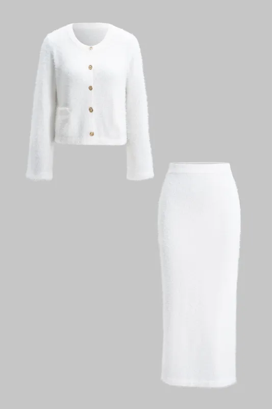 Knit Metallic Button Long-Sleeve Top And Skirt Set sold by Micas